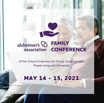 Alzheimer's Association Virtual Family Conference flyer with the dates of May 14-15, 2021