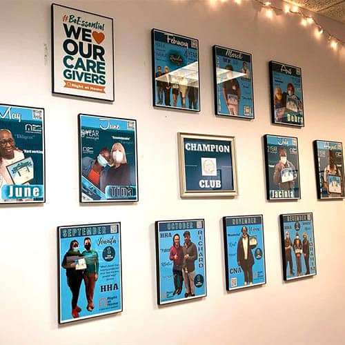 The Wall of Champions inside of the office of Right at Home Boston Metro West that celebrates our Champions of the Month