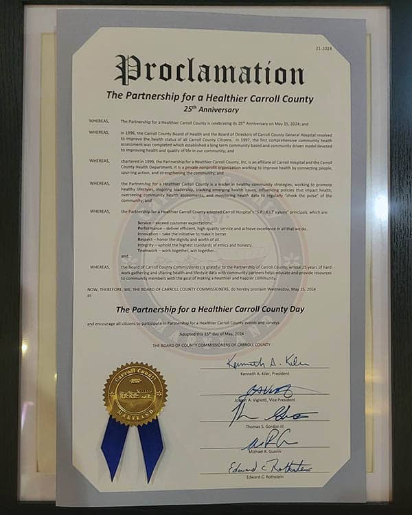 The proclamation making May 15th The Partnership for a Healthier Carroll County Day