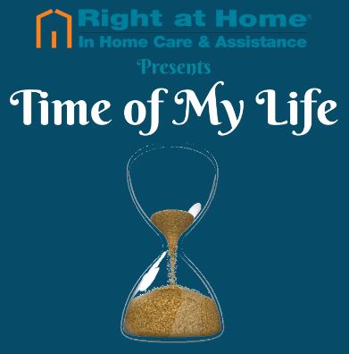 Time of my life logo with right at home logo and an hour glass image