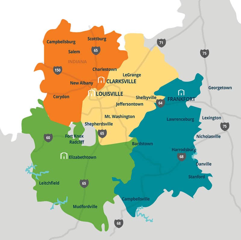 Map of the areas served by Right at Home Kentuckiana