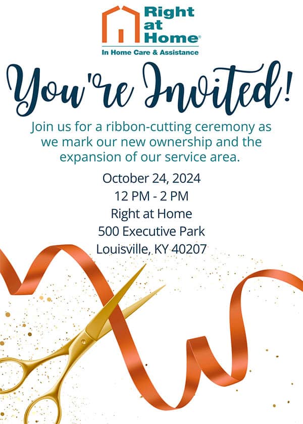 Open house invite showing scissors cutting an orange ribbon