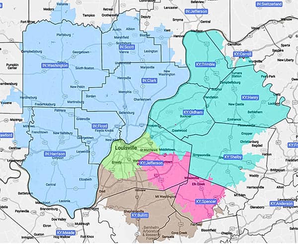 A map of the Kentuckiana service area