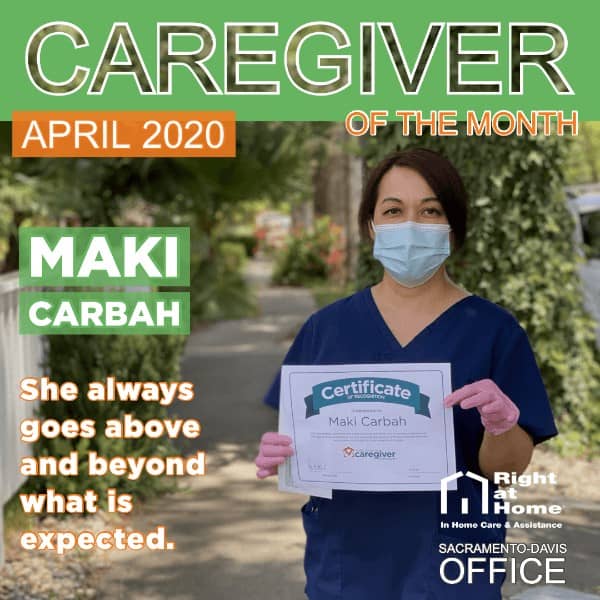 April Caregiver of the Month graphic with Maki on the cover