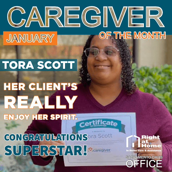 Graphic about Tora Scott winning Caregiver of the Month for January