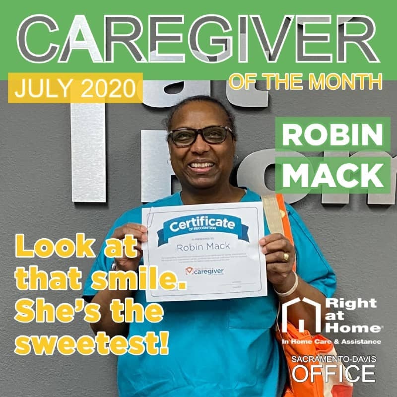 magazine cover type graphic showcasing July Caregiver of the Month Robin Mack