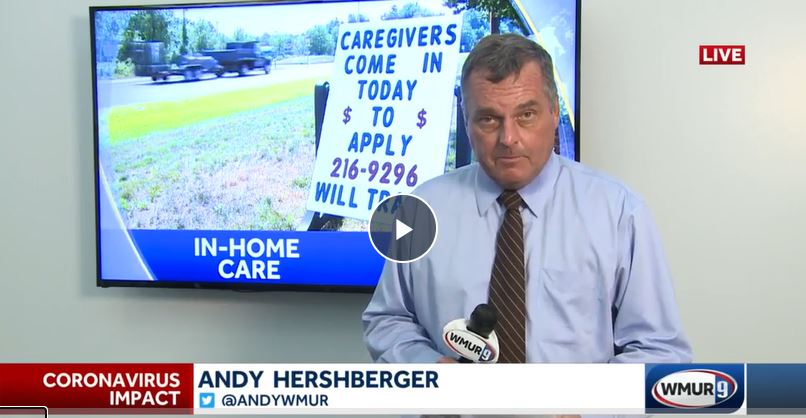 screenshot of reporter Andy Hershberger from WMUR 9 News reporting about right at home and the need for caregivers in southern new hampshire