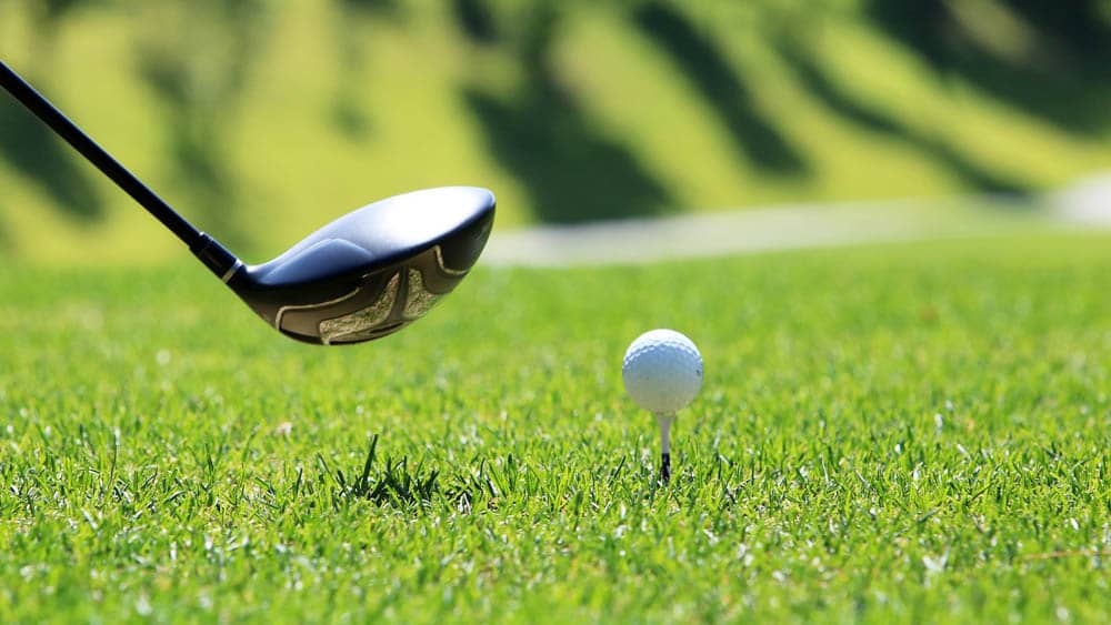 Golf Club and Tee and Ball in Close up on the grass