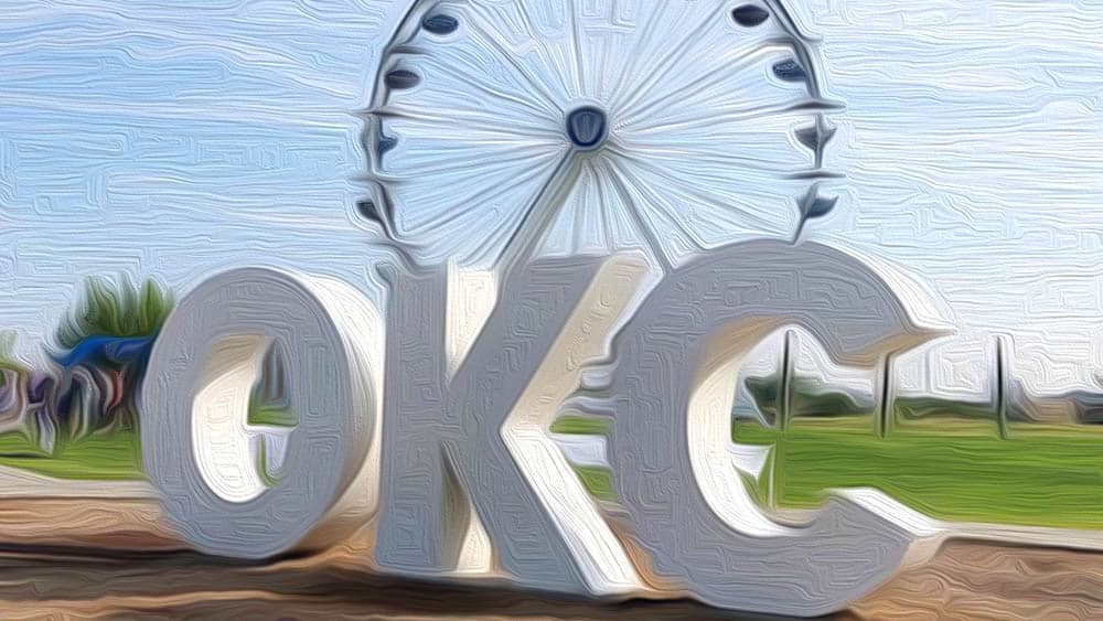 OKC Sculpture and Ferris Wheel Park Sign As An Oil Painting