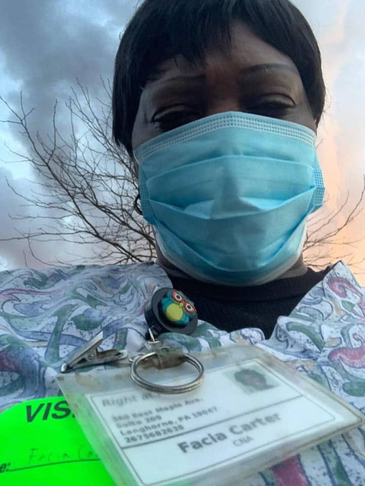 Masked caregiver selfie