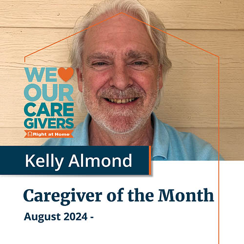 Caregiver of the Month Kelly Almond Smiling at the Camera in a head-and-shoulders photo and with text and design framing him.