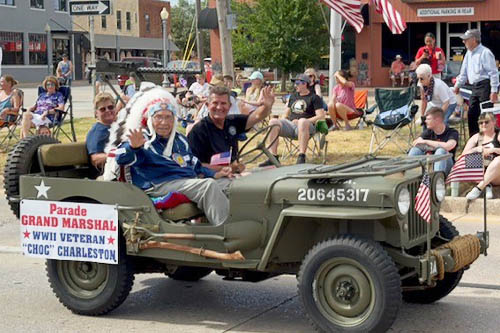 Native American and WWII Veteran Centenarian Veteran Riding in WWII Jeep as They Pass By at Bethany Parade Grand Marshal