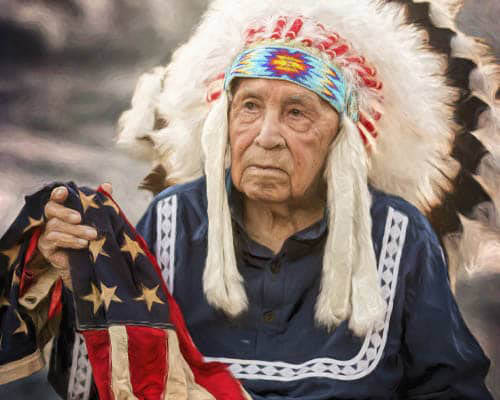 WWII Veteran Choc Charleston In Native American Dress Holding American Flag