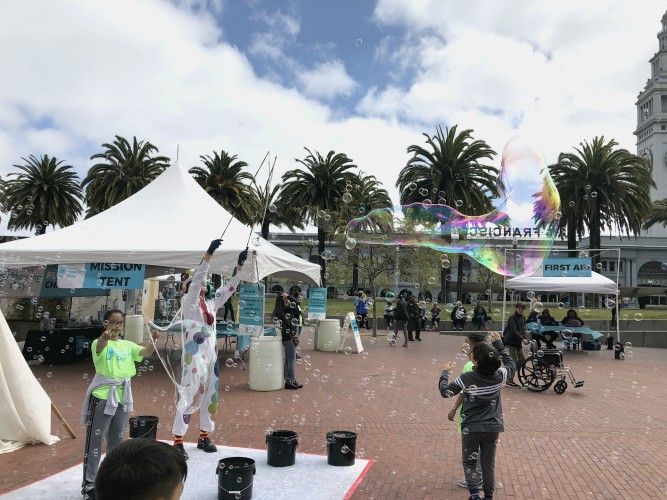 Bubble art on the plaza during the Moving Day event in San Francisco 