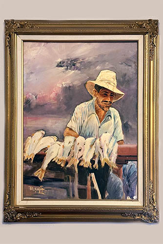Framed Painting of a Fisherman in a Hat With A Bunch of Fish Laying Along A Handrail