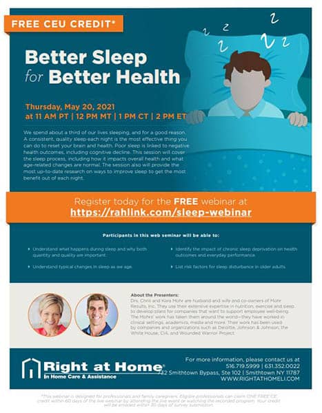 Better Sleep for Better Health CEU Webinar flyer for online event on Thursday, May 20th, 2021.