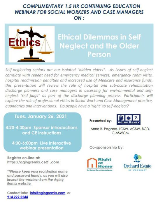 A Flyer of the Ethical Dilemmas CEU Webinar that Right at Home of Plainview, NY is sponsoring