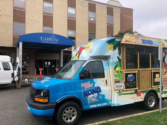 Right at Home Westchester, NY Owner Lou Giampa brings the kona ice truck to St. Cabrini Nursing Home in Dobbs Ferry, NY