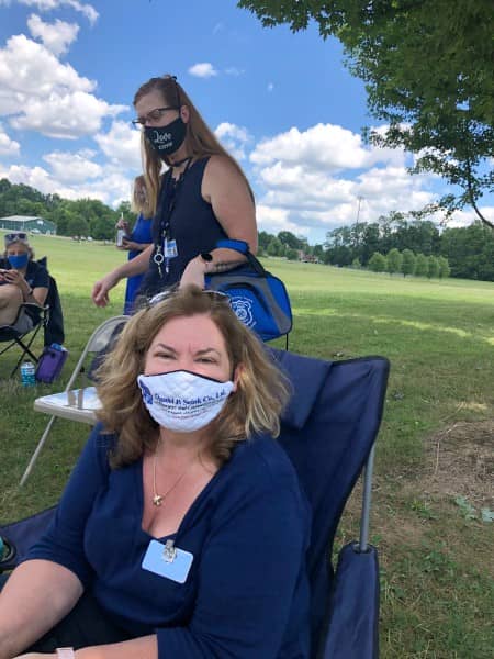 women in blue in masks