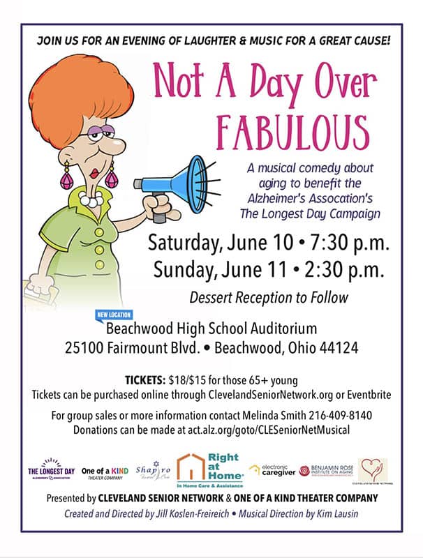 Not a Day Over Fabulous musical flyer with a cartoon image of an older woman with a bullhorn on the left hand side