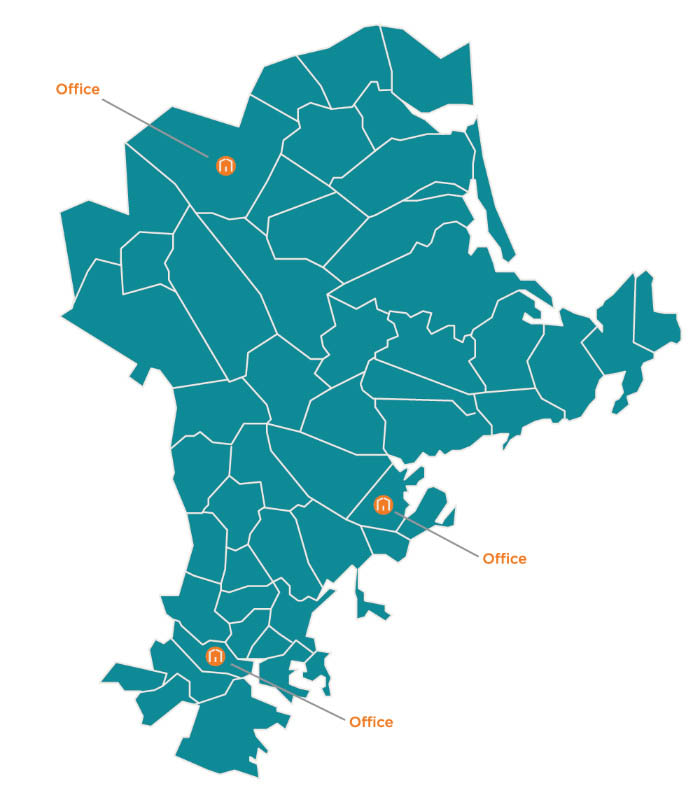 A map of the Boston and North service area, highlighting their office locations in Somerville, Haverhill, and Salem, MA