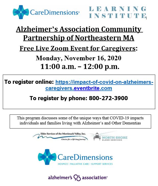 Flyer for Alzheimer's Association Zoom event for Caregivers on Monday, November 16, 2020