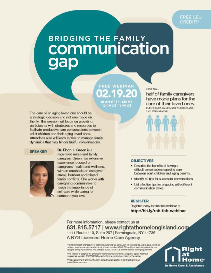 Bridging the Family Communication Gap Webinar flyer with office phone number 631-815-5717