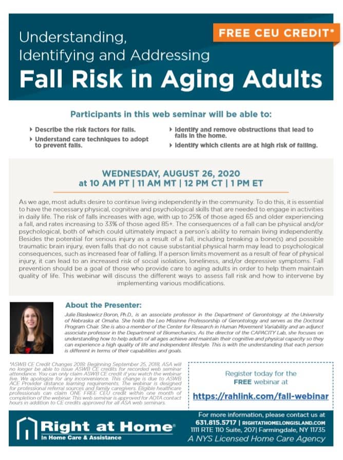 Fall Risk in Aging Adults CEU Webinar Flyer listing the date and time of webinar. Wednesday, August 26th 2020 at 1pm est.