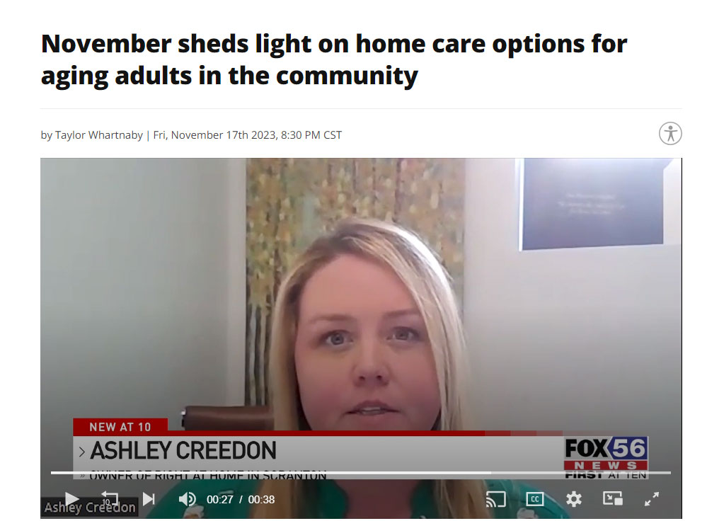 screenshot of Fox56 news article online featuring Ashley Creedon, owner of Right at Home in Scranton