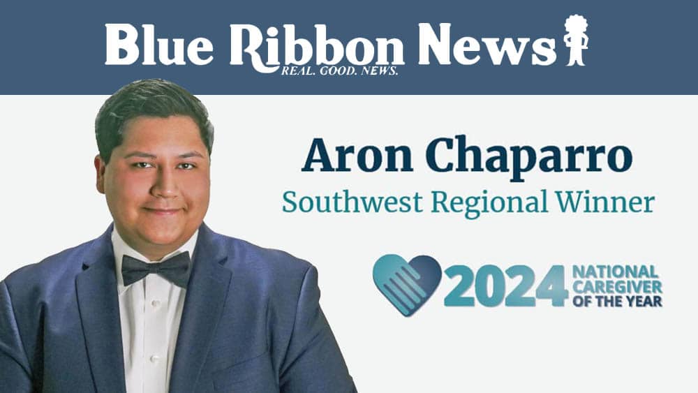 Masthead to an article about Aron Chaparro with a standard head and shoulders photo of Aron smiling about being named Southwest Regional Winner 2024 National Caregiver of the Year