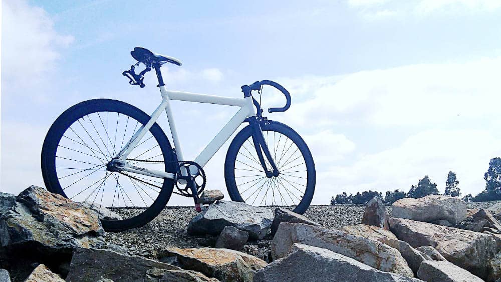 2024 Ride to End Alzheimer's Photo with Bicycle parked alongside a rocky road shoulder and a few pine trees in the background with sky