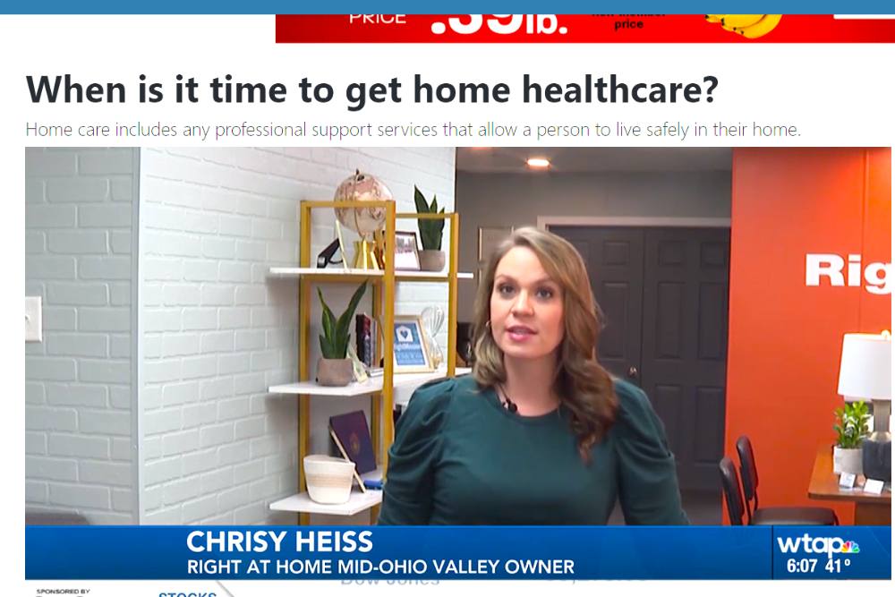 Screenshot image of a webpage with interview on WTAP TV with Right at Home Mid-Ohio Valley owner Chrisy Heiss