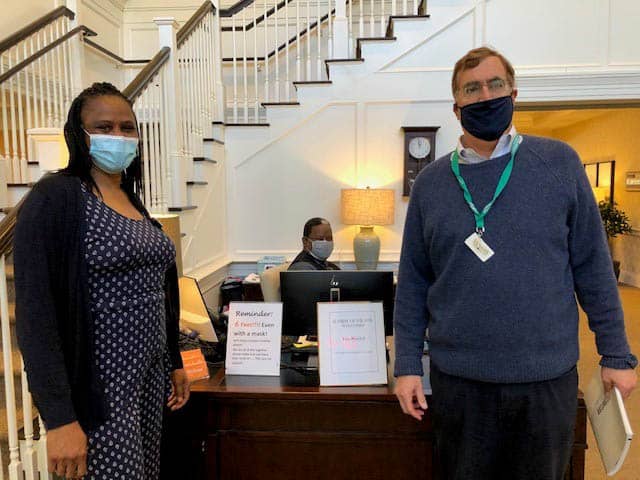 Tim Randall and Nicole from Sunrise Senior Center in Wilton, CT pose for a photo together