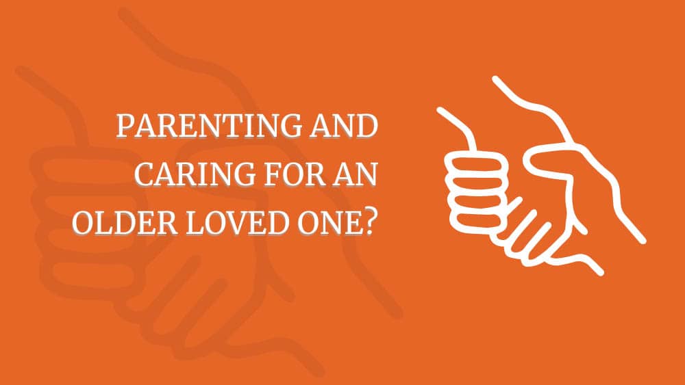 Parenting and caring for an older loved one with a handshake icon on orange background