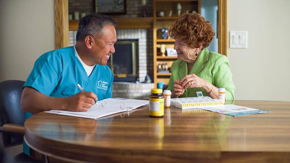A male Right at Home caregiver helping plan out a senior female client set her medications for the week at the kitchen table